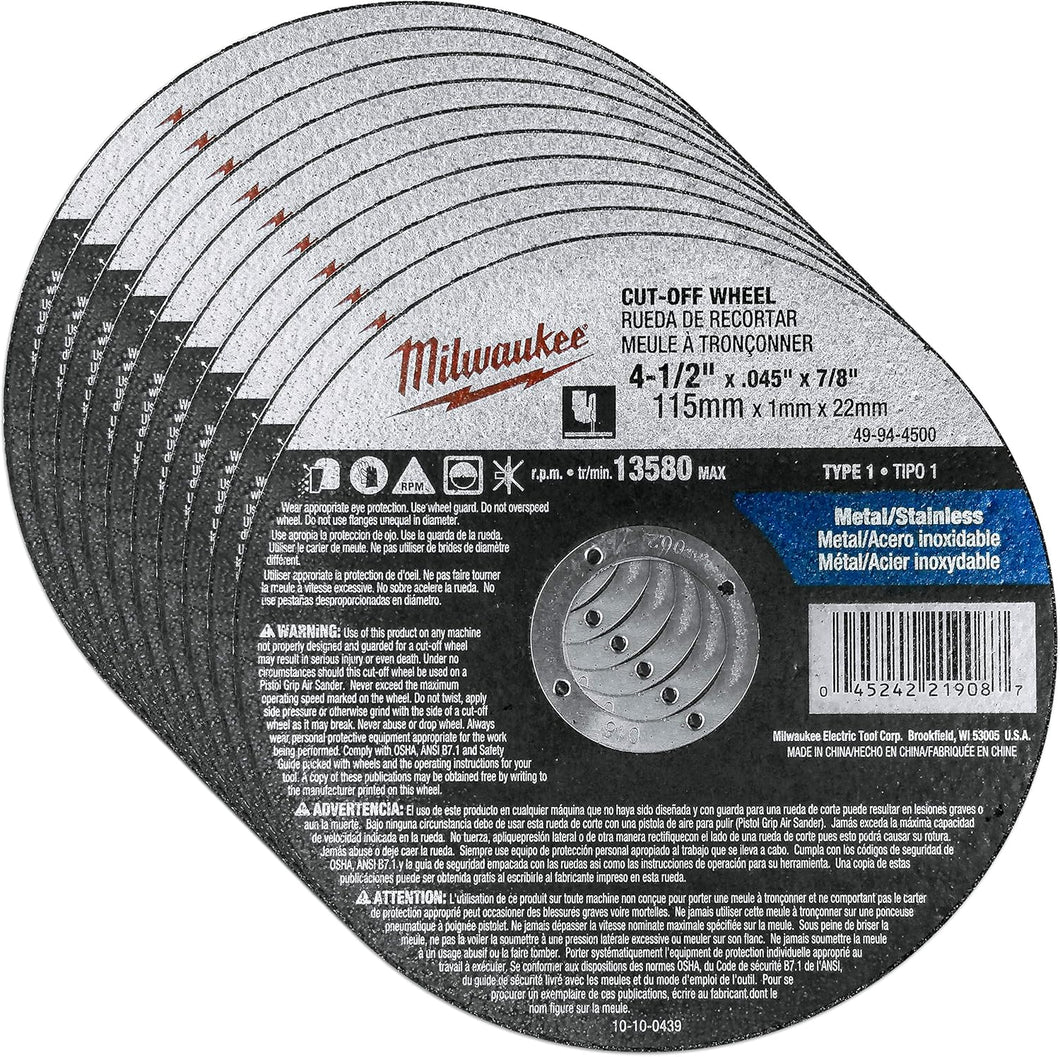 Milwaukee 10 Pack - 4 1 2 Cutting Wheels For Grinders - Aggressive Cutting For Metal & Stainless Steel - 4-1/2